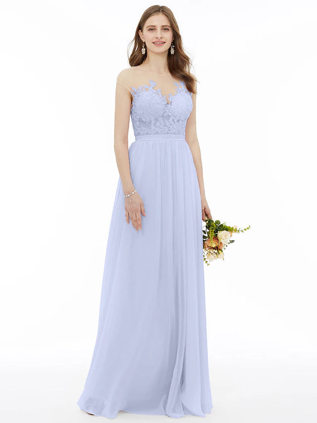 Luolandi A-Line Bridesmaid Dress Illusion Neck Sleeveless Illusion Detail Floor Length Chiffon / Floral Lace with Sash / Ribbon